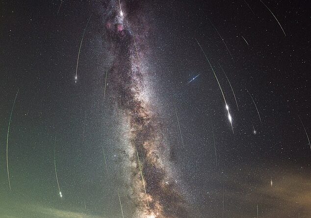 The stunning image combines 43 images of the Perseid meteors as they fell over Stonehenge, Wiltshire