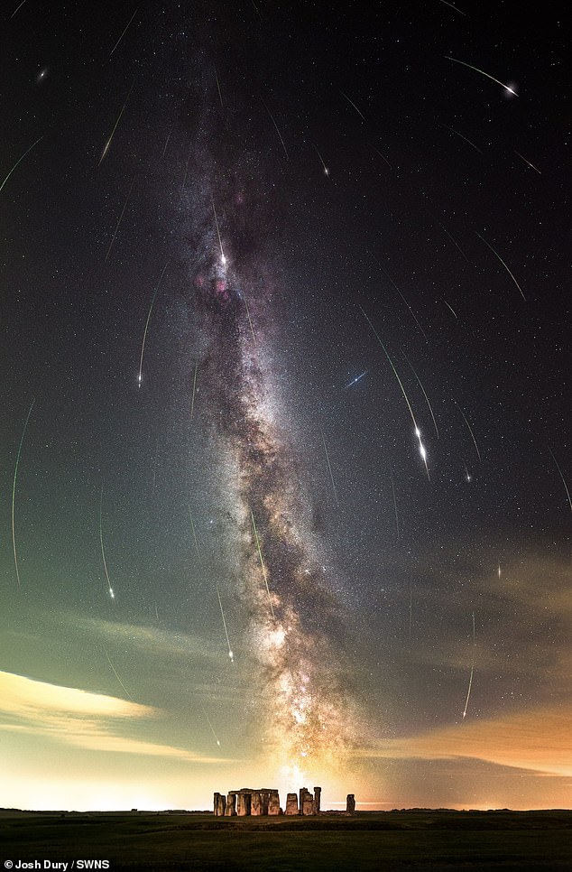 The stunning image combines 43 images of the Perseid meteors as they fell over Stonehenge, Wiltshire