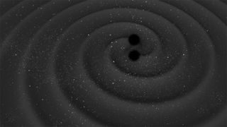 illustration showing two small black balls surrounded by expanding gray spirals